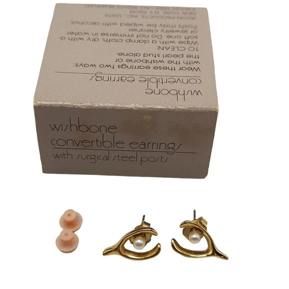 Avon 1984 Wishbone Convertible Earrings Faux Pearl Surgical Steel Posts - Picture 1 of 5